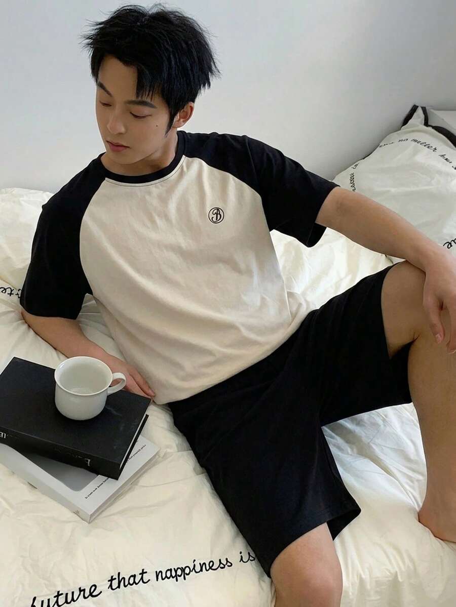 DAZY 男士夏季字母图案拼接撞色柔软面料睡衣套装 - 彩色 - 查看 1