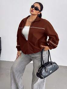 POPSWAY Casual Contrast Color Loose Fit College Street Long Sleeve Lightweight Jacket Fall - Coffee Brown - View 6
