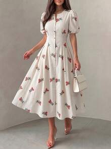 Modelyn Petite Women's Apricot Woven Digital Printed Cinched Waist A-Line Dress, Elegant & Romantic, Summer Dresses Summer Holiday Outfits  Floral Dress - Multicolor - View 6