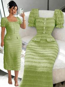 Elenzga Plus Size Women's New Elegant Square Neck Short Sleeve Textured Knit Midi Bodycon Dress - Green - View 3