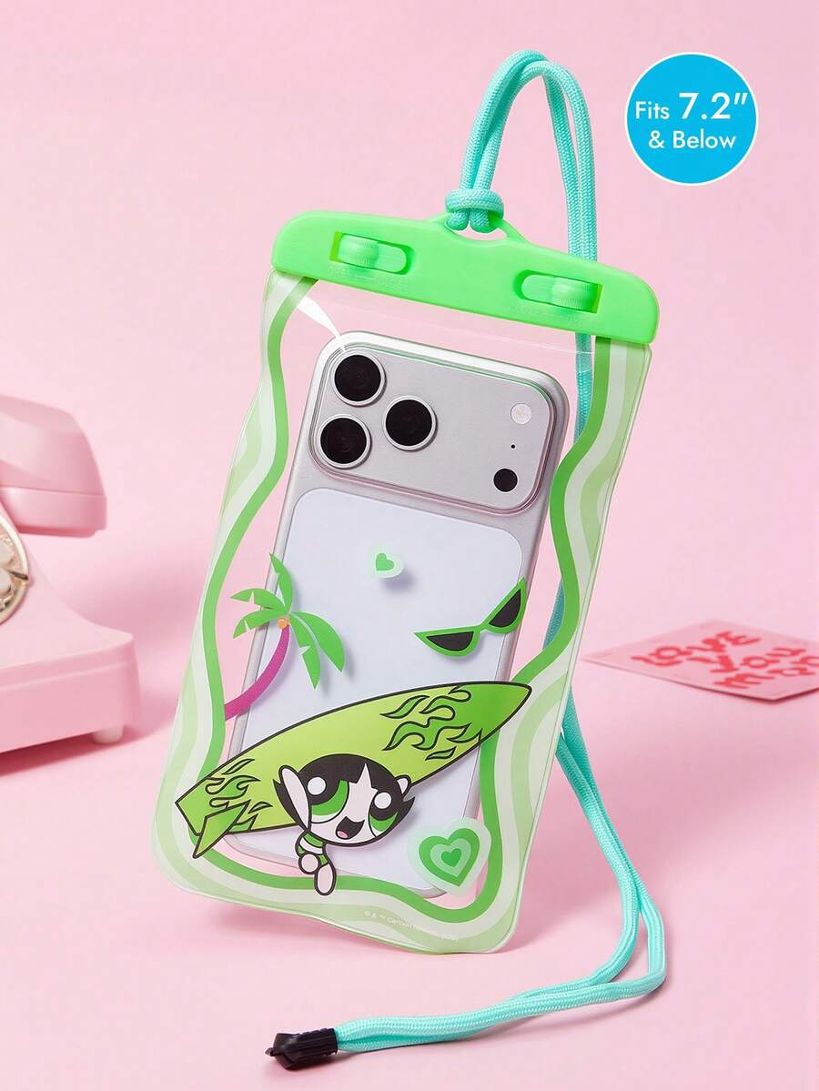 THE POWERPUFF GIRLS X SHEIN 1款卡通图案印花防水触屏透明水上运动手机包,适用于漂流、沙滩、游泳、划船、皮划艇、徒步旅行,可保护手机、相机、现金、护照、文件免受水、沙、雪、灰尘的侵害。图案包括爱心、花朵、泡泡、毛茛花。 - 綠色 - 查看 1