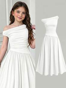 Girlism Tween Girls' White Knit Ruched Waist A-Line Long Dress, Elegant Versatile Simple White Dress - White - View 4