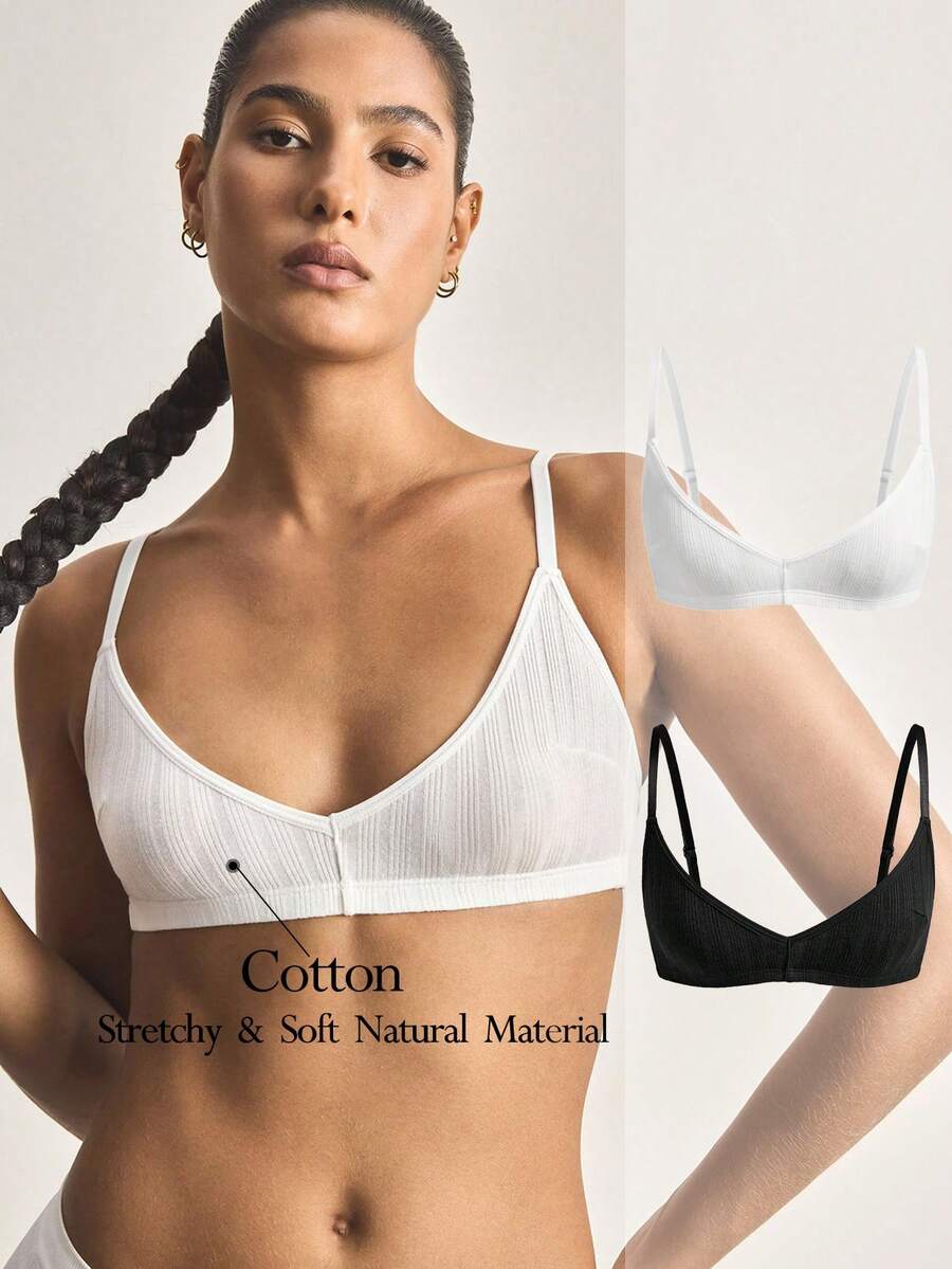 Ocili 2pcs 100% Cotton Ribbed Comfortable Basic Minimalist Underwear, EasyComfort ChicAutumnCasual Women's Bra - Black and White - View 1