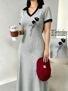 Modelyn Women's Grey Summer Casual School Back-To-School Floral Sweatshirt Dress,V-Neck Color Blocking Short Sleeve Embroidered Front Midi Length With Pocket - Grey - View 3