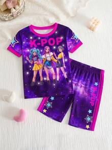 SHEIN 2件套 女童针织可爱图案圆领修身T恤和短裤睡衣套装 - 彩色 - 查看 7