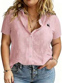 EMERY ROSE Large-Sized Woven Embroidered Casual Summer Shirt For Vacation - Pink - View 6