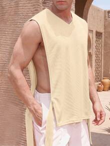 Manfinity Dauomo Men's Asymmetrical Breathable Mesh Tank Top, Fashionable Street Style - Apricot - View 1