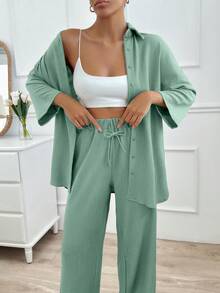 EURMUSE Women Casual Simple Solid Color Button Up Shirt & Pants Set, Autumn - Mint Green - View 4