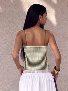 SHEIN Unity Women's Ruched Striped Camisole, Casual Vacation & Daily Wear, Spring/Summer - Dark Green - View 2