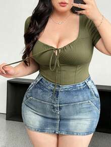 Vibekara Plus Size Casual Solid Color Drawstring Fitted T-Shirt - Army Green - View 1