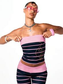 BABYPHAT Fold Over Edge Strapless Bandeau Tube Top With Horizontal Stripe Jersey Print And Logo Detail - Multicolor - View 5
