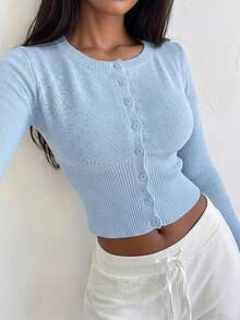 FavEase Cárdigan ajustado de unicolor con botones delanteros, versátil para mujer - Azul - Ver 4