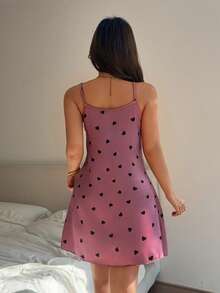 Napfluff Áo ngủ hai dây bằng satin in hình trái tim - Hồng - Xem 2