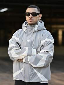Devon Thys Chaqueta con capucha de manga larga con diseño de patchwork de colores contrastantes para hombre, cortavientos ligero de estilo Y2K Techwear - Gris - Ver 4