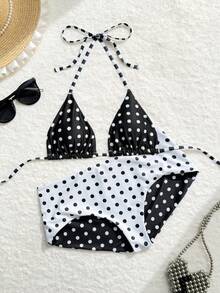 Costavie Bộ đồ bơi nữ đi biển mới Xuân/Hè, quần short bikini dễ thương cho nữ, cúp tam giác, họa tiết chấm bi, màu xanh mờ, nâu, trắng, đa màu - Đen và trắng - Xem 6