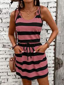 EMERY ROSE Women's Casual Striped Drawstring Waist Sleeveless Dress, Summer - Red Violet - View 4
