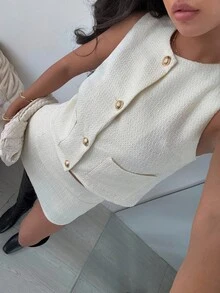 SHEIN EZwear 女士白色梭织修身西装，办公室穿着 - 杏色 - 查看 7