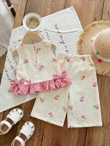Multicolor Polyester Ruffle Flounce Sleeve Tank Top Co-Ord With Plants Pattern For Baby Girls Vacation Styl - Pink - View 4