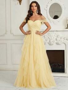 SHEIN Belle Đầm phù dâu trễ vai, xếp ly ngực, nhiều lớp, vạt váy xếp nếp bất đối xứng (dành cho người lớn) - Màu vàng - Xem 3
