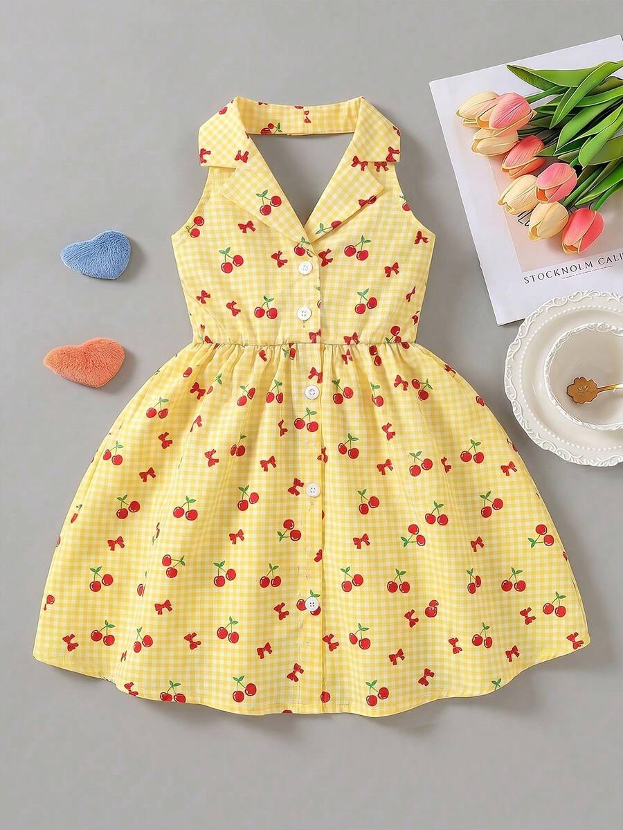 SHEIN Elladie kids 女童夏季连衣裙,Polo领露背吊带收腰公主裙,甜美百搭,适合日常生活、休闲、旅行、度假、海滩、派对、聚会等场合。 - 黃色 - 查看 1