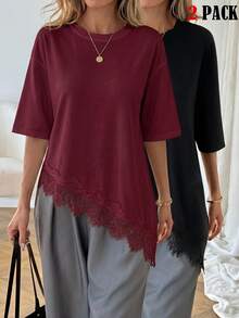 Camiseta casual de mujer con dobladillo asimétrico de encaje de unicolor, uso básico diario, blusa casual de primavera/verano para vacaciones de mujer, vacaciones de verano para mujer - Burdeos 2 - Ver 3
