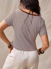 Nubod Plus Size Retro 1950s Vintage Brown Striped Polo Collar V-Neck Casual Vacation Daily Street Wear All-Match Fitted Short Sleeve T-Shirt Summer - Brown - View 2