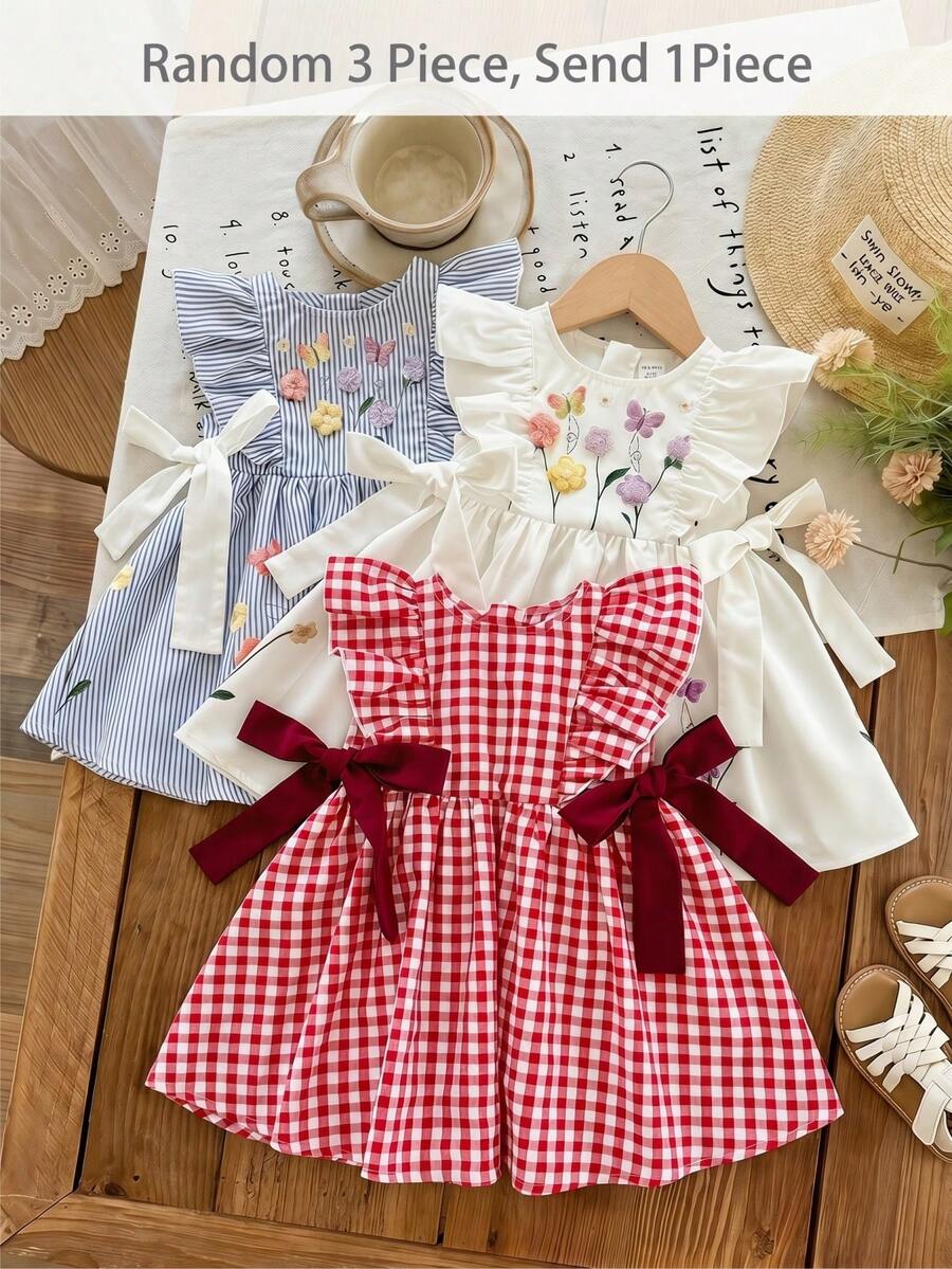 SHEIN LMoss Kids 女婴红色格子拉链圆领荷叶边下摆休闲撞色蝴蝶结百搭连衣裙 - 紅色 - 查看 1