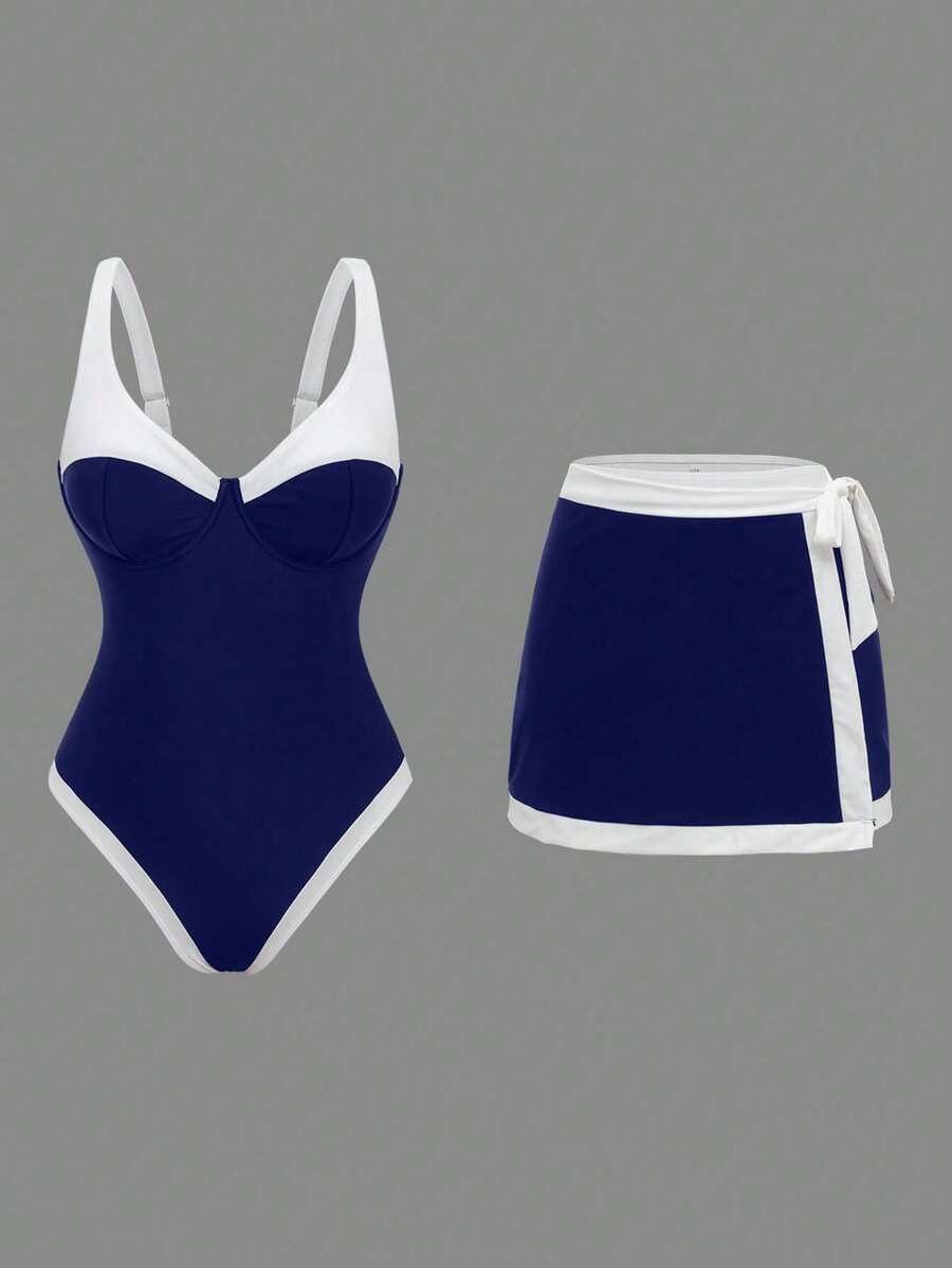 Swim Oasis Women's Navy And White Contrast Color Steel Bra Adjustable Strap Tankini Two Pieces Swimsuit Beach Summer Active - Multicolor - View 1