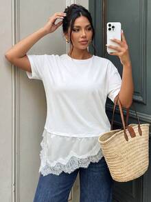 Lounesse Plus Size Women's Round Neck Brown T-Shirt With Lace Patchwork Lace Trim T-Shirt Casual Going Out Gym T-Shirt For Women Summer - White - View 6