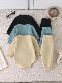 SHEIN Vintaside Kids 3件組男嬰圓領長袖連身衣套裝 素色寬鬆版無腰帶長褲 米色 秋冬休閒套裝 - 彩色 - 查看 2