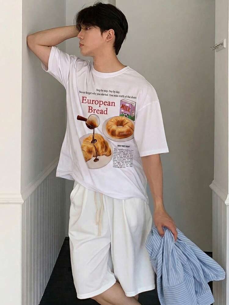 White Short Sleeve Letter Print Loose T-Shirt For Men Summer