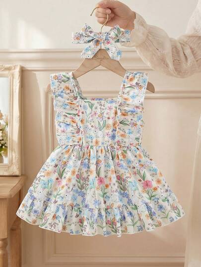 SHEIN 1 Peça Vestido Infantil Feminino com Estampa de Coelho, Borboleta e Floral em Manga Bufante, Decote Quadrado, Cintura Franzida e Saia Evasê, com Tiara, Estilo Doce e Casual, Adequado para Uso Diário no Verão, Viagens, Fotografia, Compras, Parque, Festa, etc.