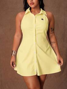 Rustia Plus Size Women Knight Pattern Single-Breasted Sleeveless Shirt Dress - Yellow - View 1