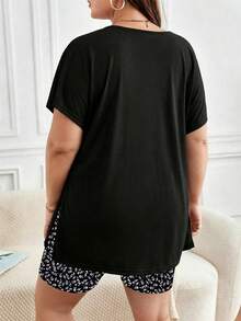 Lounesse 2pcs Plus Size Set: Minimalist Ditsy Floral Pants And Contrast Color Top - Multicolor - View 2