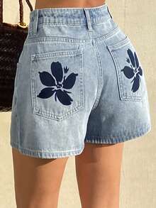 DAZY Quần short denim in họa tiết thường ngày dành cho nữ/bé gái - Rửa nhẹ - Xem 4