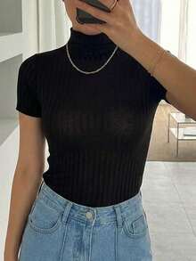 DAZY Women's Solid Color Mandarin Collar Fitted Casual Daily Short Sleeve T-Shirt - Black - View 4