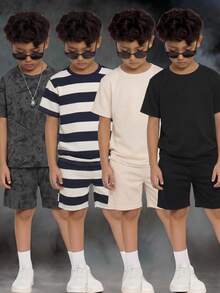 SHEIN 3套买二送一 儿童/青少年男童休闲舒适圆领宽松短袖T恤和运动短裤套装，基础款上衣，基础款裤子，卡其色T恤套装，黑色T恤套装，Y2K套装，SS26，夏季上衣，夏季短裤，夏季服装，夏季童装，男童套装，适合春夏、郊游、情人节、约会、旅行、度假、家庭聚会、返校季、婚礼季、晚间活动、运动、生日派对等场合 - 彩色 - 查看 2