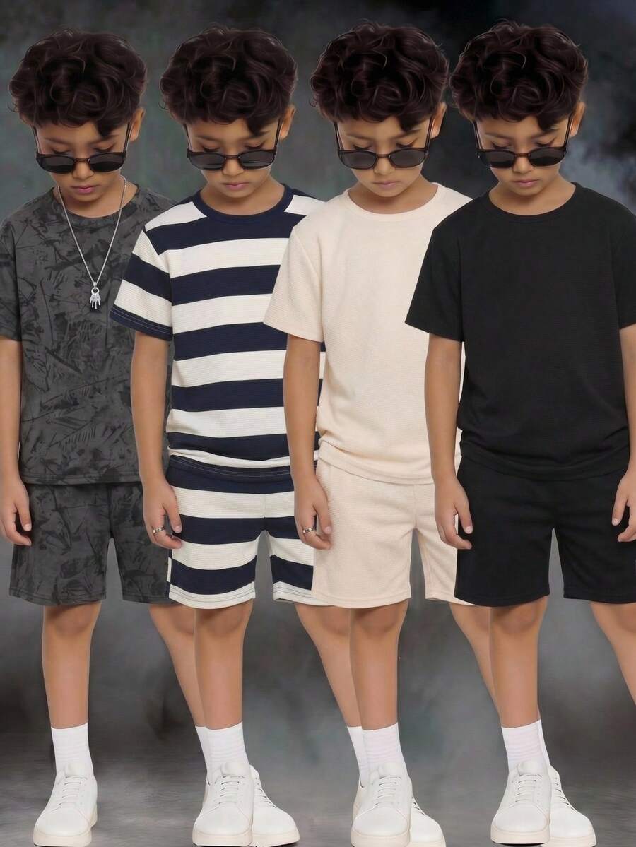SHEIN 3套买二送一 儿童/青少年男童休闲舒适圆领宽松短袖T恤和运动短裤套装，基础款上衣，基础款裤子，卡其色T恤套装，黑色T恤套装，Y2K套装，SS26，夏季上衣，夏季短裤，夏季服装，夏季童装，男童套装，适合春夏、郊游、情人节、约会、旅行、度假、家庭聚会、返校季、婚礼季、晚间活动、运动、生日派对等场合