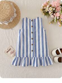 SHEIN Bộ đồ bé gái mùa hè kiểu dáng thoải mái, dễ thương, kẻ sọc, viền bèo, không tay, màu xanh nhạt, váy không tay kẻ sọc, váy đôi mùa hè, váy mẹ và bé, váy mẹ và bé. - Màu xanh lam - Xem 5