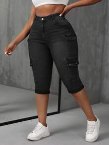 SHEIN SXY Plus Size Women's Fashionable Everyday Commute Versatile Elastic 3/4 Length Cargo Jeans - Dark Grey - View 3