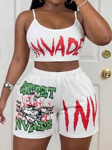 Slaydiva Quần tập yoga cạp cao dành cho nữ, họa tiết graffiti báo chí, quần legging nén tập luyện, phong cách đường phố thường ngày. - trắng - Xem 6