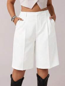 SHEIN Tall CURVE Plus Size Women's Solid Color Pleated Zip Pocket Casual Bermuda Shorts - White - View 4