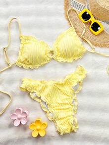 Swim SXY Summer Solid Color Jacquard Fabric Cute Frill Trim Adjustable Tie Strap Casual Beach Bikini Set - Yellow - View 4