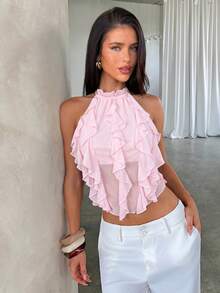 Aloruh New Sexy Backless Lace-Up Design Crop Top, Elegant Purple Layered Ruffle Decor Halter Backless Vest, Summer,Summer Top - Baby Pink - View 6