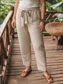 SHEIN LUNE CURVE Plus Size Woven Casual Straight-Leg Autumn Women's Pants Vacation Beige - Apricot - View 1