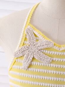 Elladie kids Đầm dệt kim jacquard màu vàng và trắng cho bé gái tuổi teen, kiểu dáng thoải mái, thích hợp cho kỳ nghỉ hè ở bãi biển. - Màu vàng - Xem 4