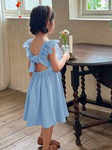 LMoss Kids Vestido casual de niña con cuello cuadrado, volantes en el bajo y unicolor tejido - Celeste - Ver 8
