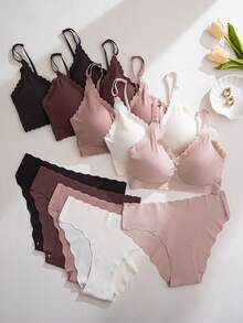 SHEIN 10 piezas Conjunto de lencería cómoda y sin costuras con acabado ondulado - Multicolor - Ver 6