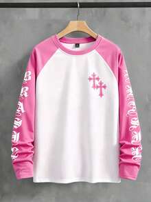 PAVTROS Men's Contrast Color Round Neck Raglan Sleeve Long Sleeve T-Shirt With Letter & Cross Print, Suitable For Daily Life, Travel And Vacation - Pink - View 3