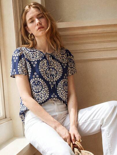 Écloséra Women's Bohemian Style Casual Summer Top, Women's Casual Holiday Shirt, Blue & White Floral Ruffle Sleeve Shirt, Indigo Floral Print Loose Top, Bohemian Style Holiday Short Sleeve Top, Retro Loose Summer Shirt, Casual Holiday Summer Top, V-Neck Tie Short Sleeve Shirt, Women's French Retro Print Shirt